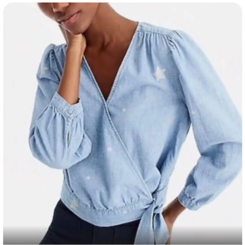J. Crew Denim Wrap Top with Silver Stars! So cute!! XS. NWOT.